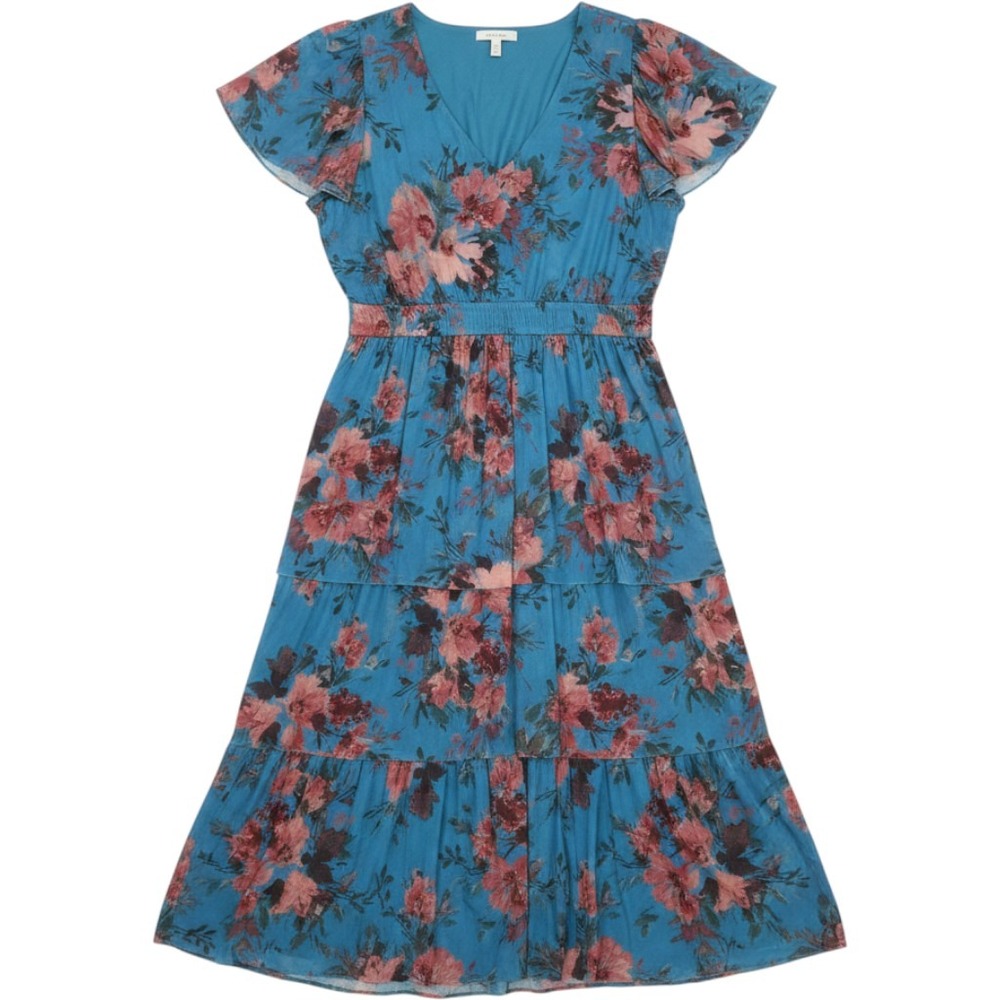 Maurices XL Blue‎ Floral Mesh Tiered Midi Dress Flutter Sleeve V-Neck New